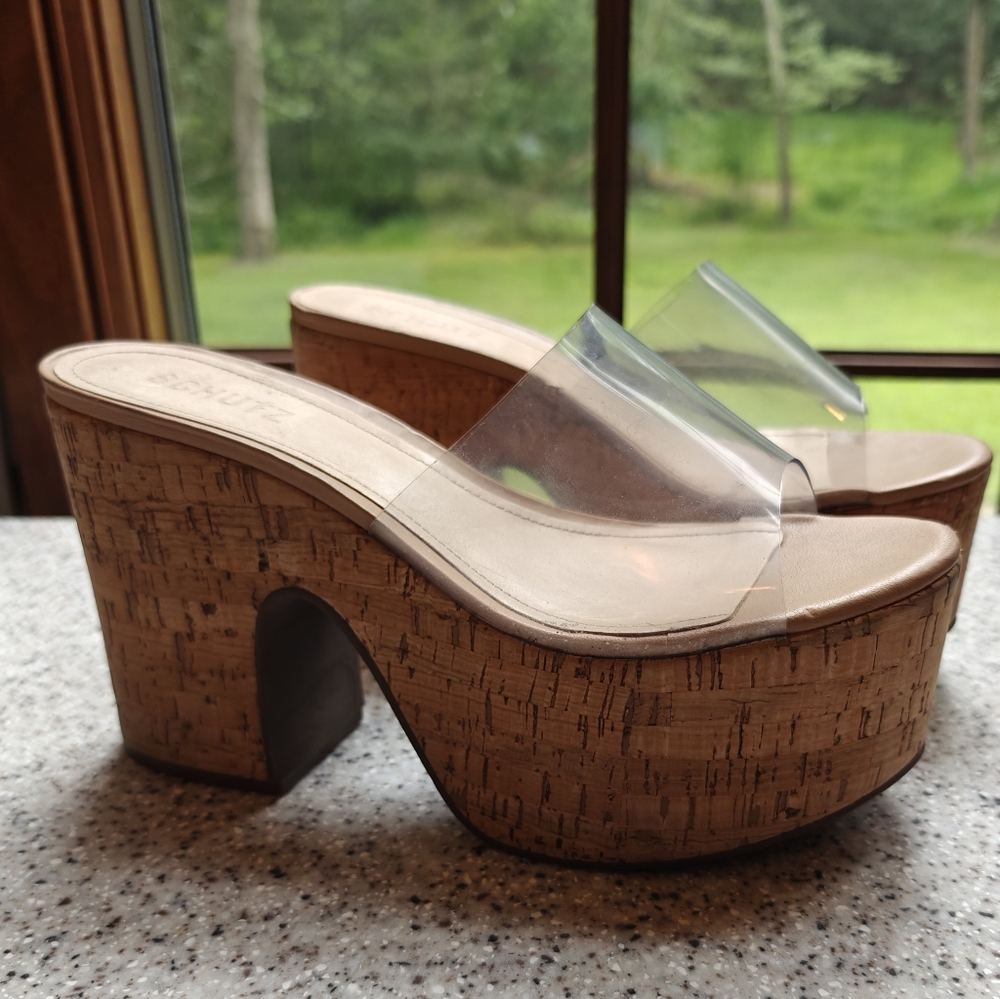 SCHUTZ Clear and Tan Platform Mules